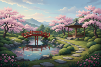 Japonská záhrada s kvitnúcimi čerešňami