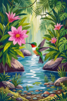 Kolibrík pri tropickom potoku